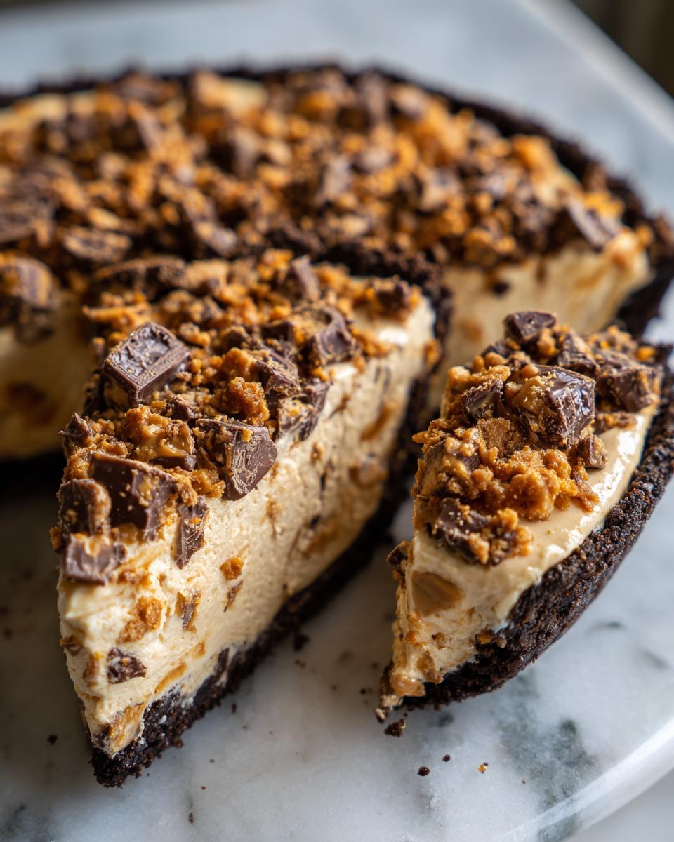Two slices of creamy no-bake butterfinger pie with a dark chocolate crust, topped with crushed candy pieces.