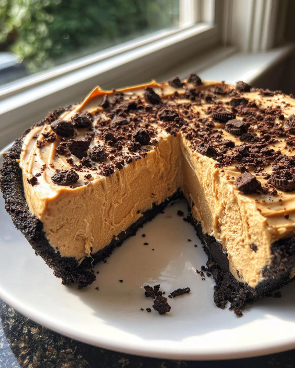 A slice removed from a creamy no bake peanut butter pie with a dark cookie crust and crushed cookies on top.