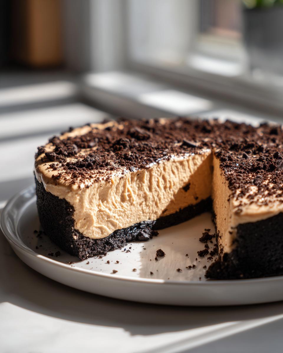 A creamy slice removed from a no bake peanut butter pie featuring a thick chocolate crust and crumb topping.