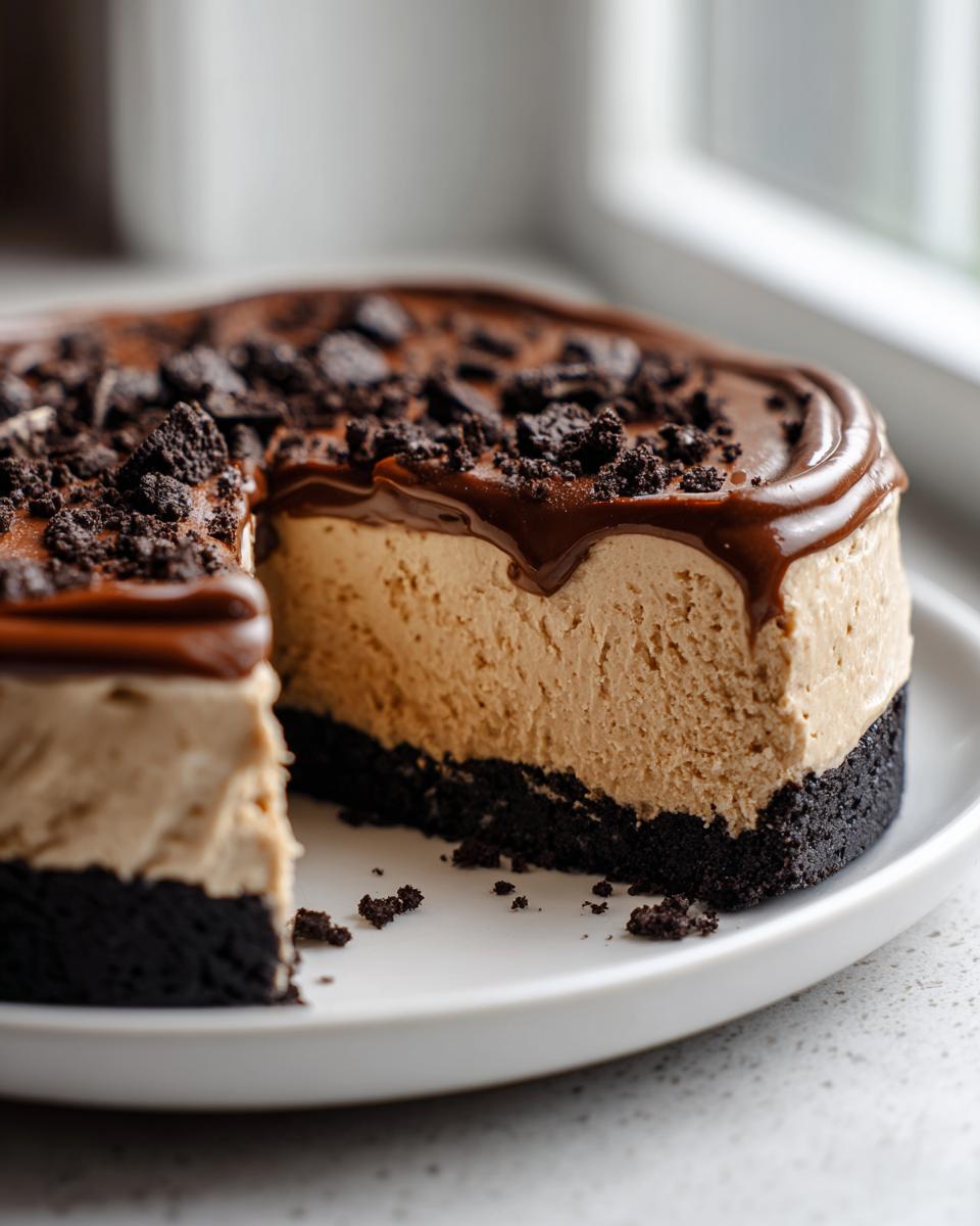 A slice removed from a creamy no bake peanut butter pie with a dark chocolate cookie crust and chocolate drizzle.