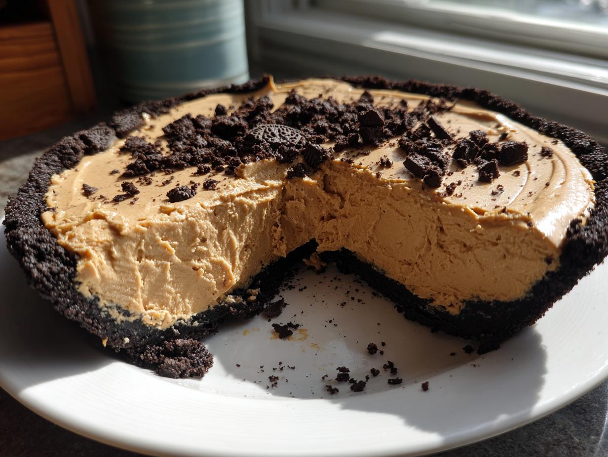 A close-up of a rich no bake peanut butter pie with a dark chocolate crust, topped with cookie crumbs.