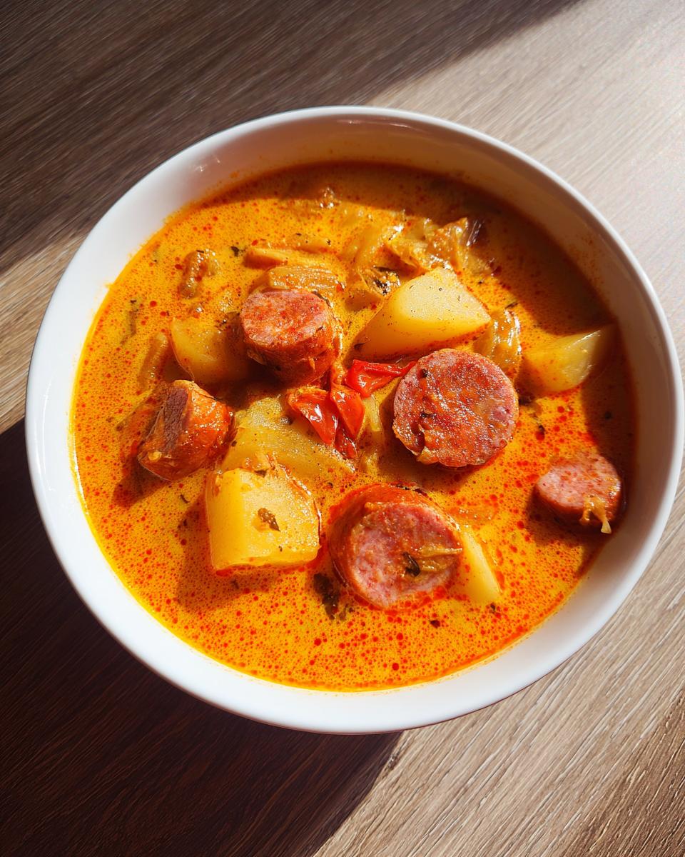 Overhead view of a white bowl filled with rich, orange kielbasa potato soup featuring chunks of potato and sliced sausage.