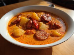 A close-up of a white bowl filled with creamy, orange-hued kielbasa potato soup, featuring thick slices of sausage and chunks of potato.