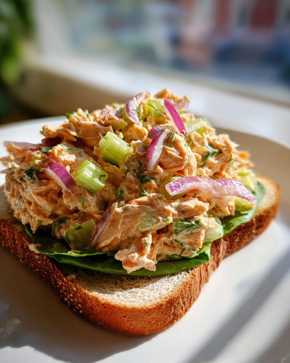 Close-up of an open-faced salmon salad sandwich on toasted bread with lettuce, celery, and red onion.