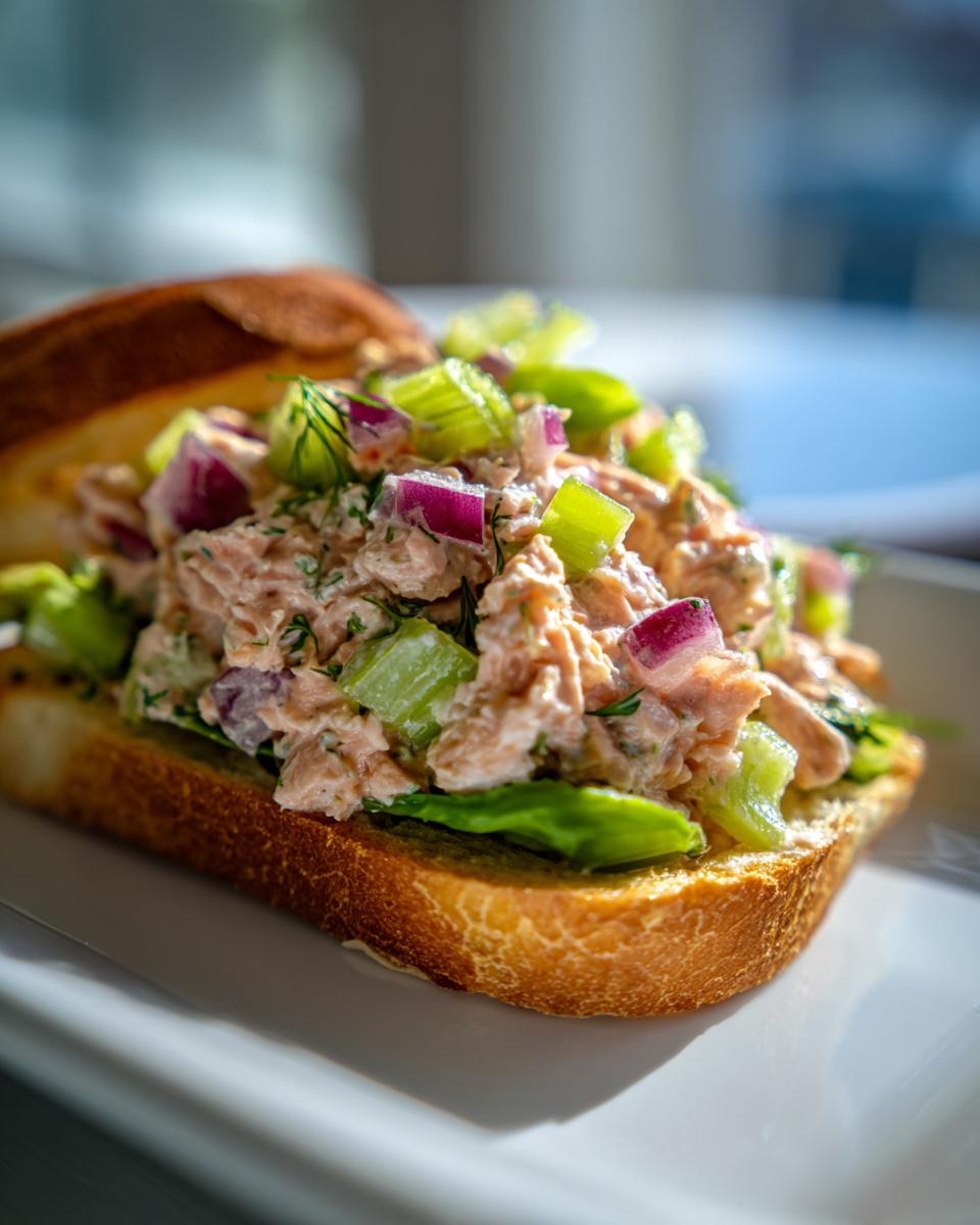 Close-up of an open-faced salmon salad sandwich featuring chunks of salmon, celery, and red onion on toasted bread.