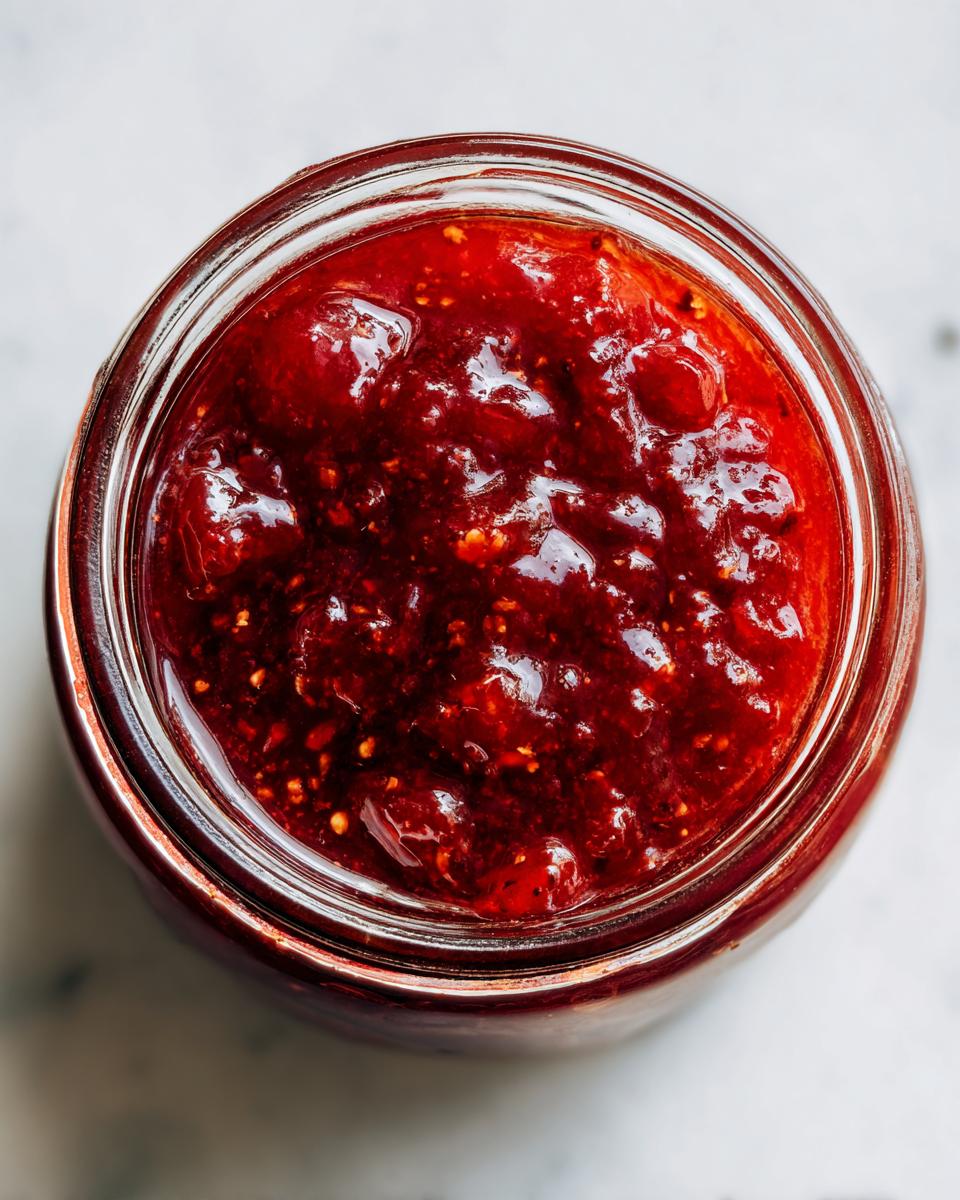 Overhead close-up view of thick, glistening red christmas jam filling a glass jar.