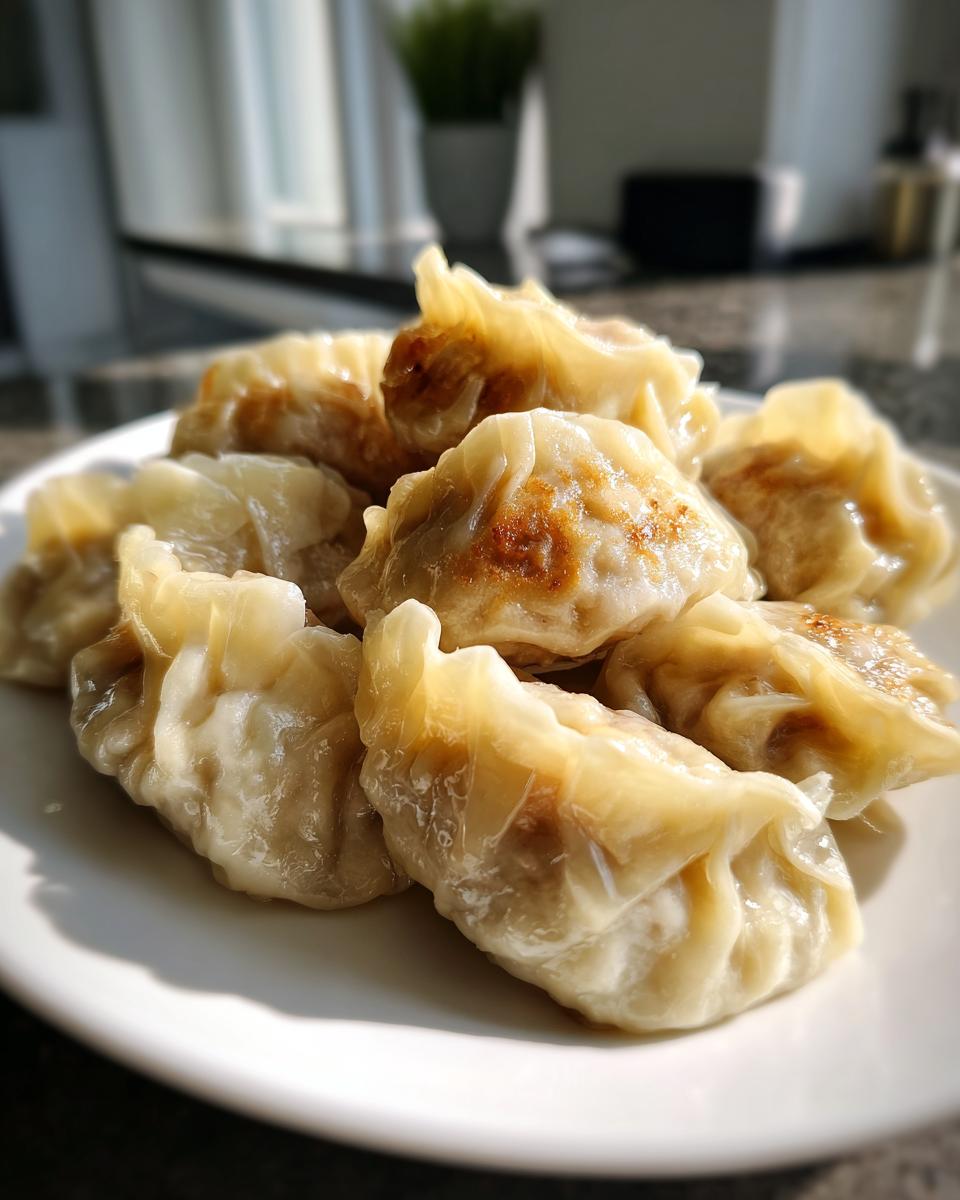A close-up of several pan-fried Traditional Chinese Dumplings piled on a white plate, showing golden-brown bottoms.
