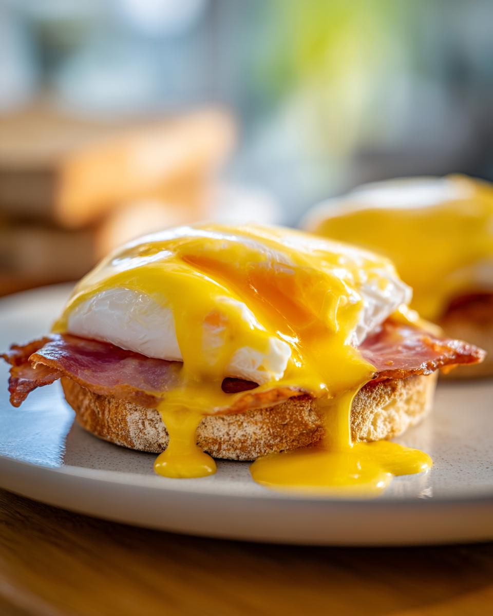 Close-up of a delicious eggs benedict featuring a poached egg, bacon, and rich hollandaise sauce dripping down toast.
