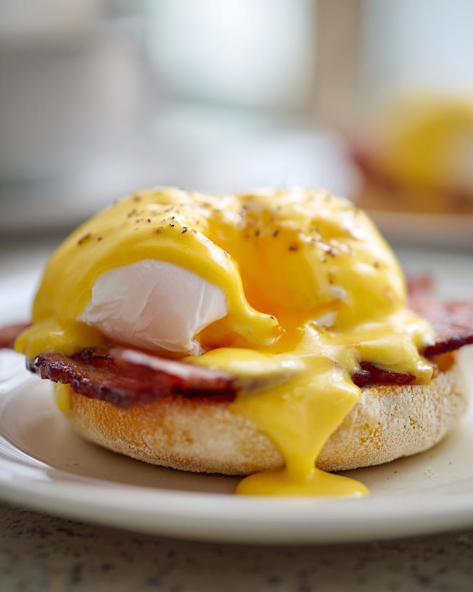 Close-up of a classic eggs benedict on an English muffin, topped with bacon, a poached egg, and rich hollandaise sauce.