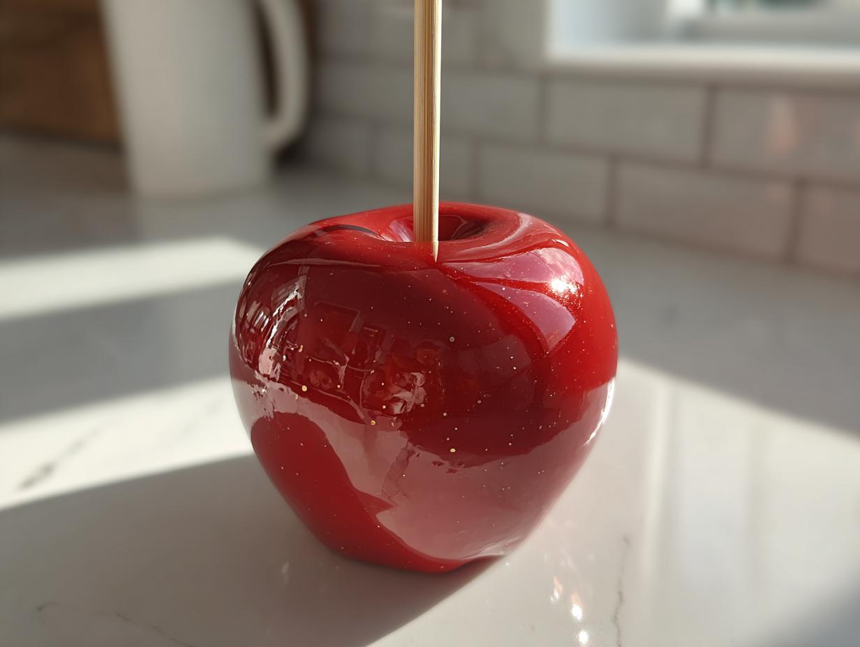 A single, perfectly glazed, deep red candy apple on a wooden stick, glistening in the sunlight.