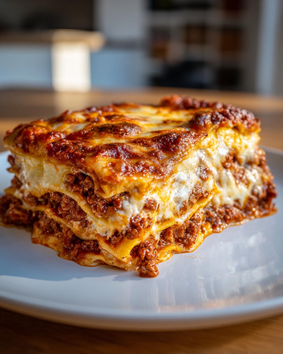 A golden-brown, layered slice of homemade lasagna with rich meat sauce and melted cheese.