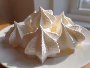 Close-up of several perfectly piped white meringue cookies with textured peaks resting on a white plate.