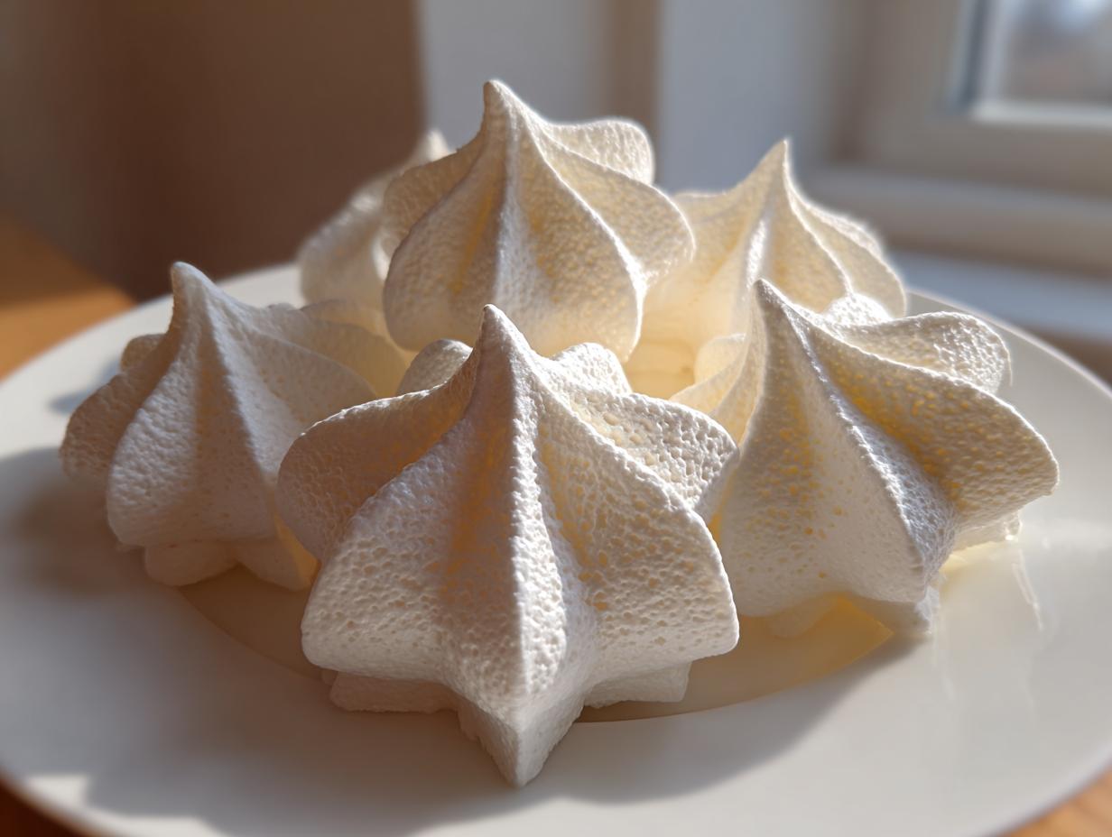 Close-up of several perfectly piped white meringue cookies with textured peaks resting on a white plate.