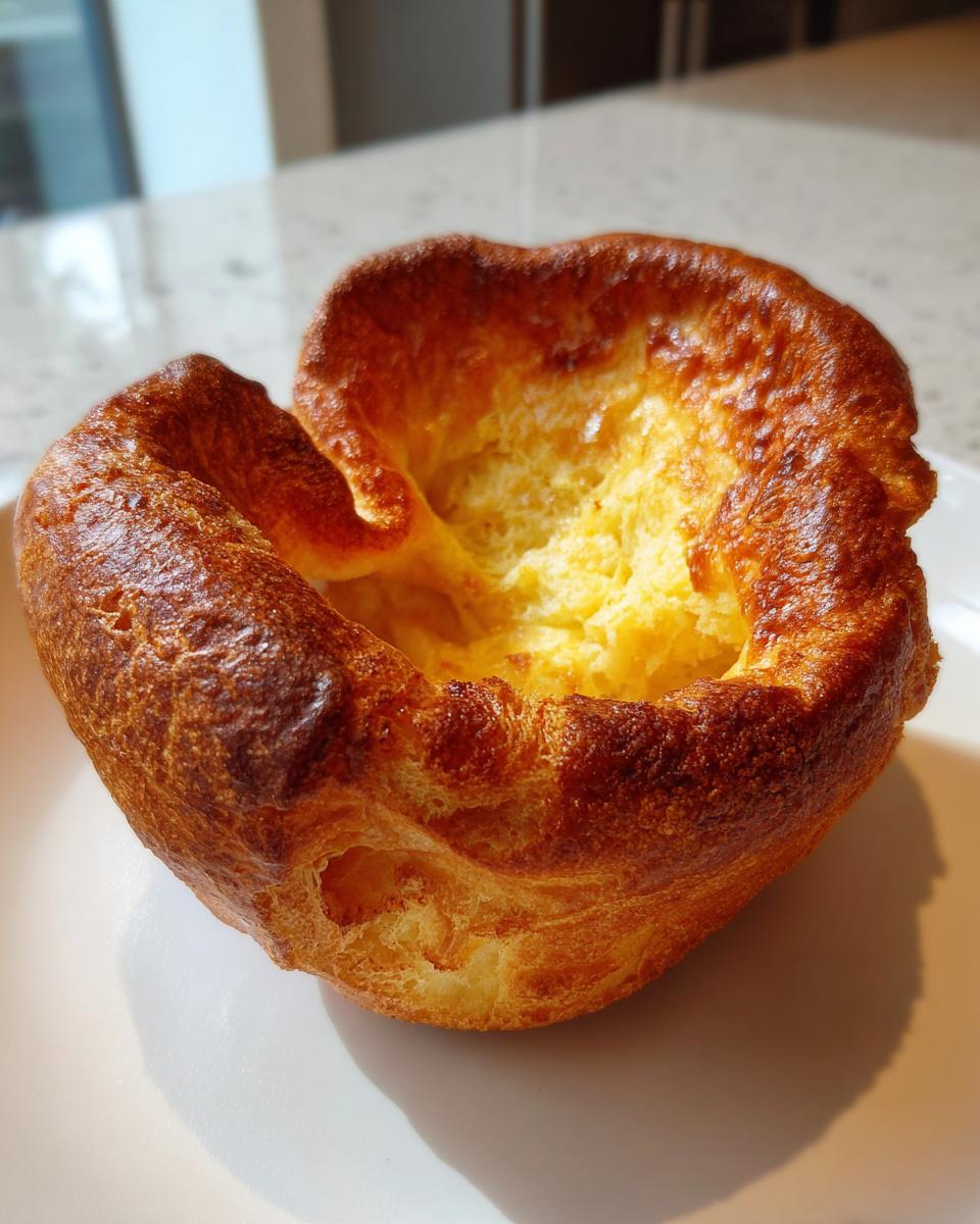 A single, golden-brown, perfectly risen Yorkshire pudding with a deep well, sitting on a white plate.