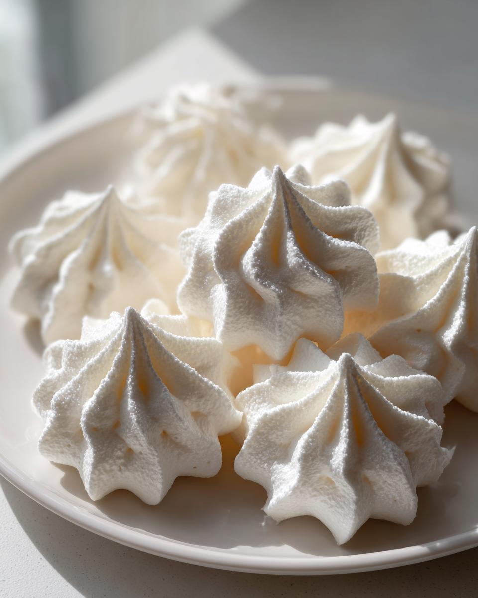 A close-up shot of several perfectly piped, star-shaped white meringue cookies resting on a white plate.