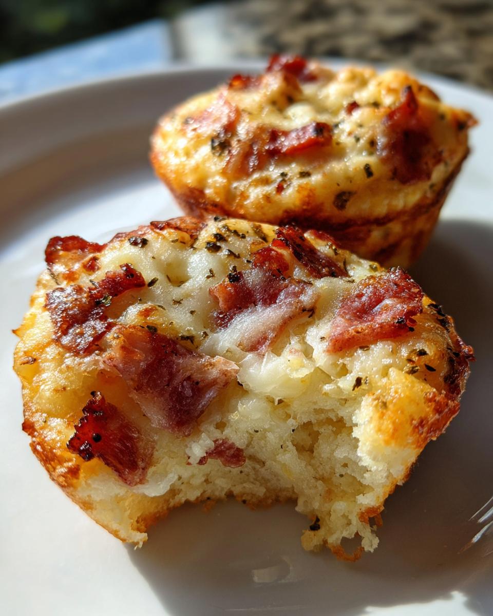 Two golden-brown pizza muffins on a white plate, one with a bite taken out, showing the fluffy interior and cheesy pepperoni topping.