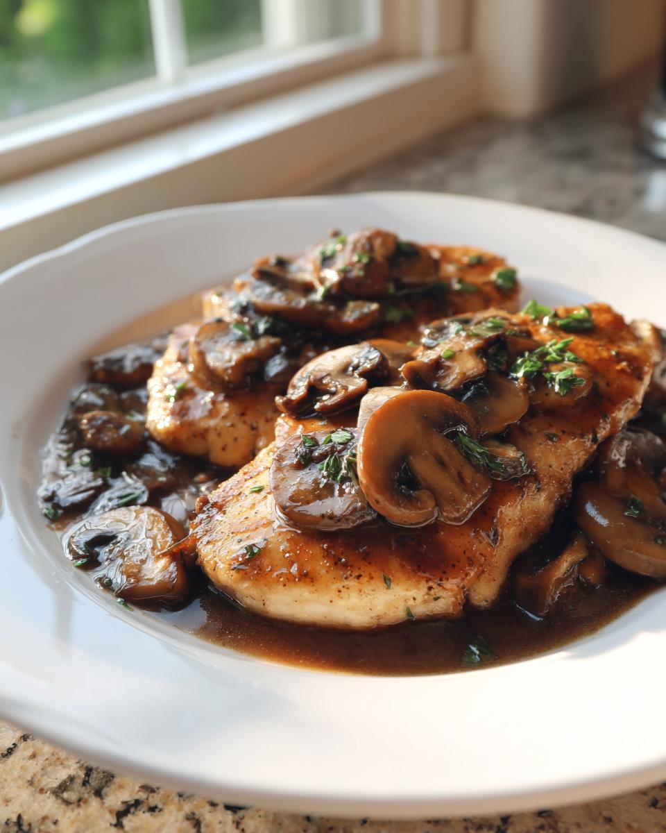 Two golden-brown Chicken Marsala cutlets smothered in a rich, dark mushroom sauce and garnished with fresh parsley.