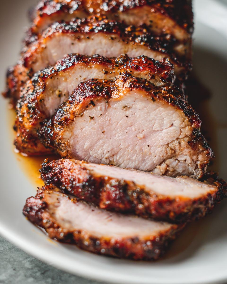 Close-up of thick slices of a perfectly cooked pork loin roast showing a juicy pink center and dark, seasoned crust.