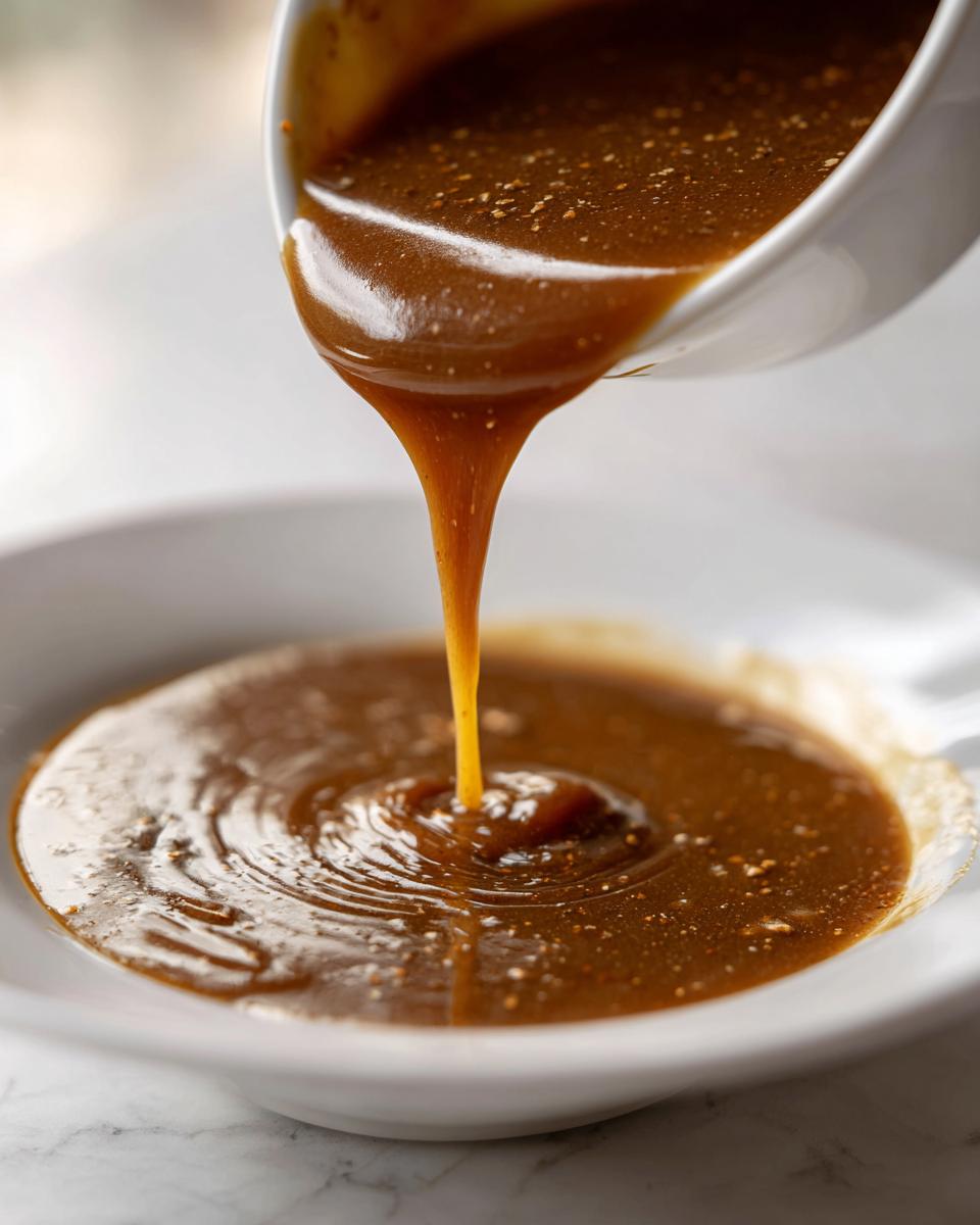 Close-up of thick, rich turkey gravy being poured from a white bowl, creating ripples in the sauce below.