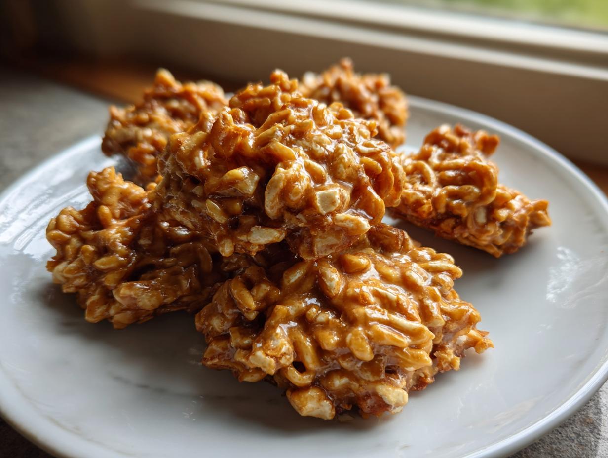 A small pile of glossy, golden-brown haystack cookies made with puffed rice cereal on a white plate.