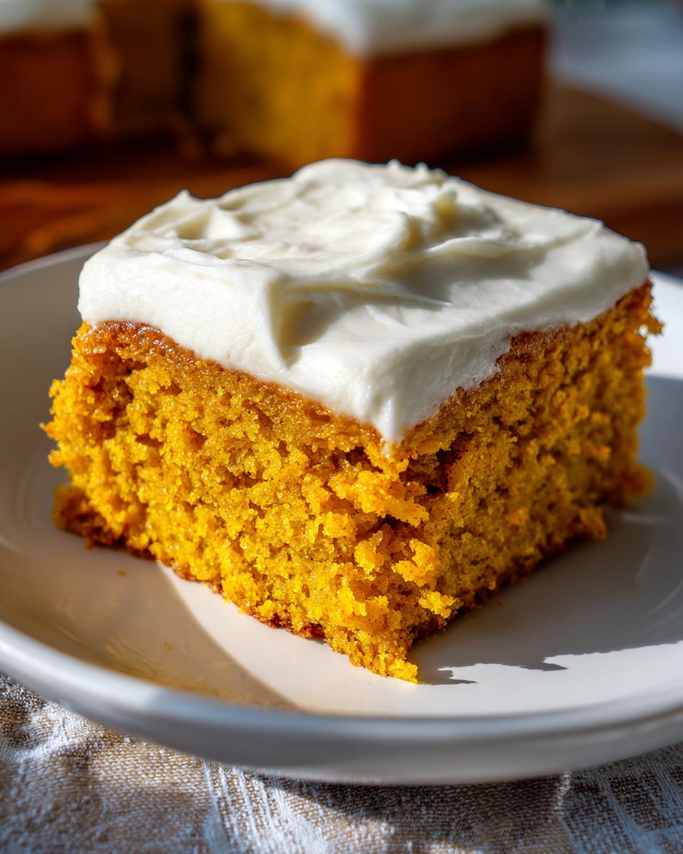 A close-up of a moist, orange pumpkin bar topped with thick, white cream cheese frosting.
