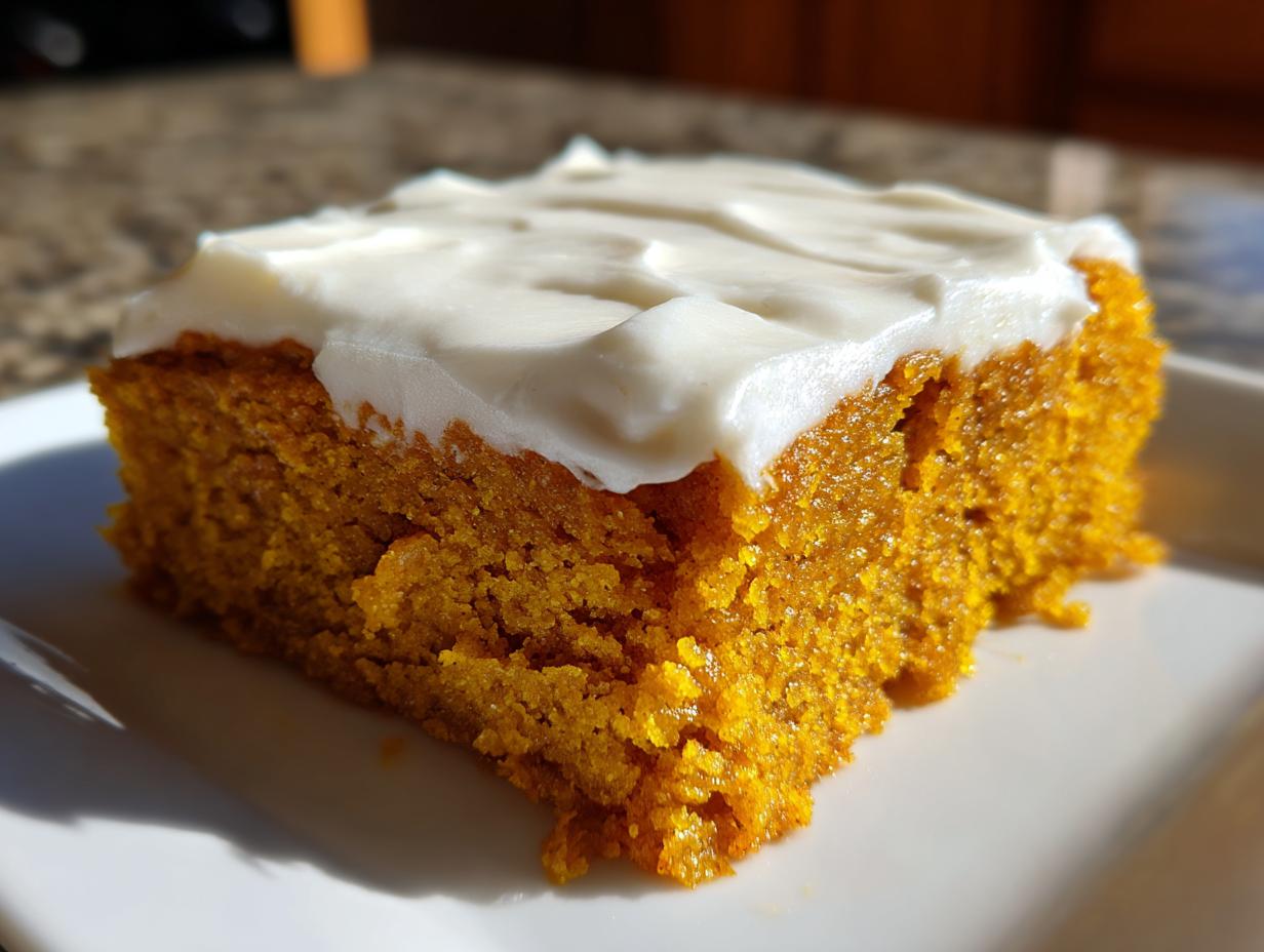 Close-up of a moist, orange slice of pumpkin bars with thick cream cheese frosting.