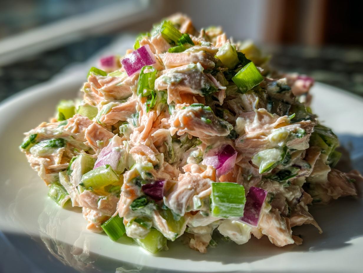 A mound of creamy salmon salad mixed with diced red onion and green celery/scallions on a white plate.
