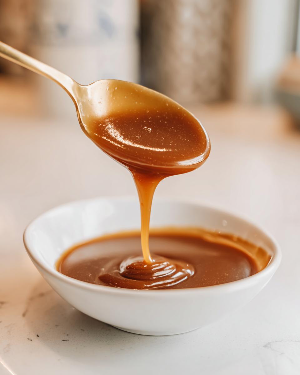 Close-up of thick, rich brown sauce being drizzled from a gold spoon into a white bowl, illustrating perfect turkey gravy consistency.