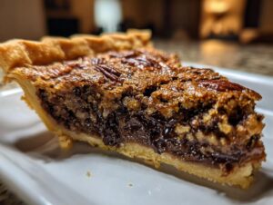 A close-up, low-angle shot of a decadent slice of chocolate pecan pie showing the flaky crust and gooey filling.