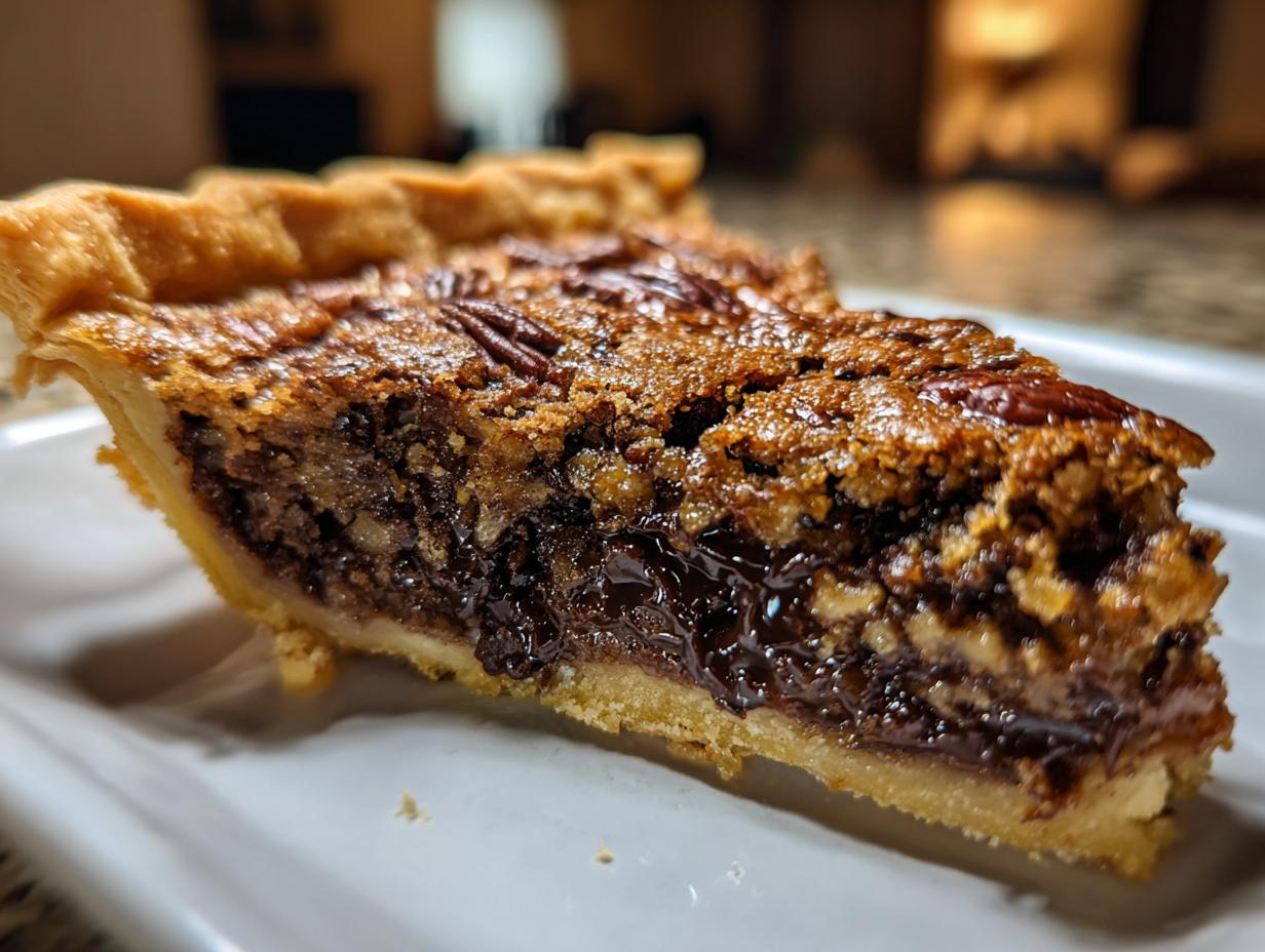 A close-up, low-angle shot of a decadent slice of chocolate pecan pie showing the flaky crust and gooey filling.