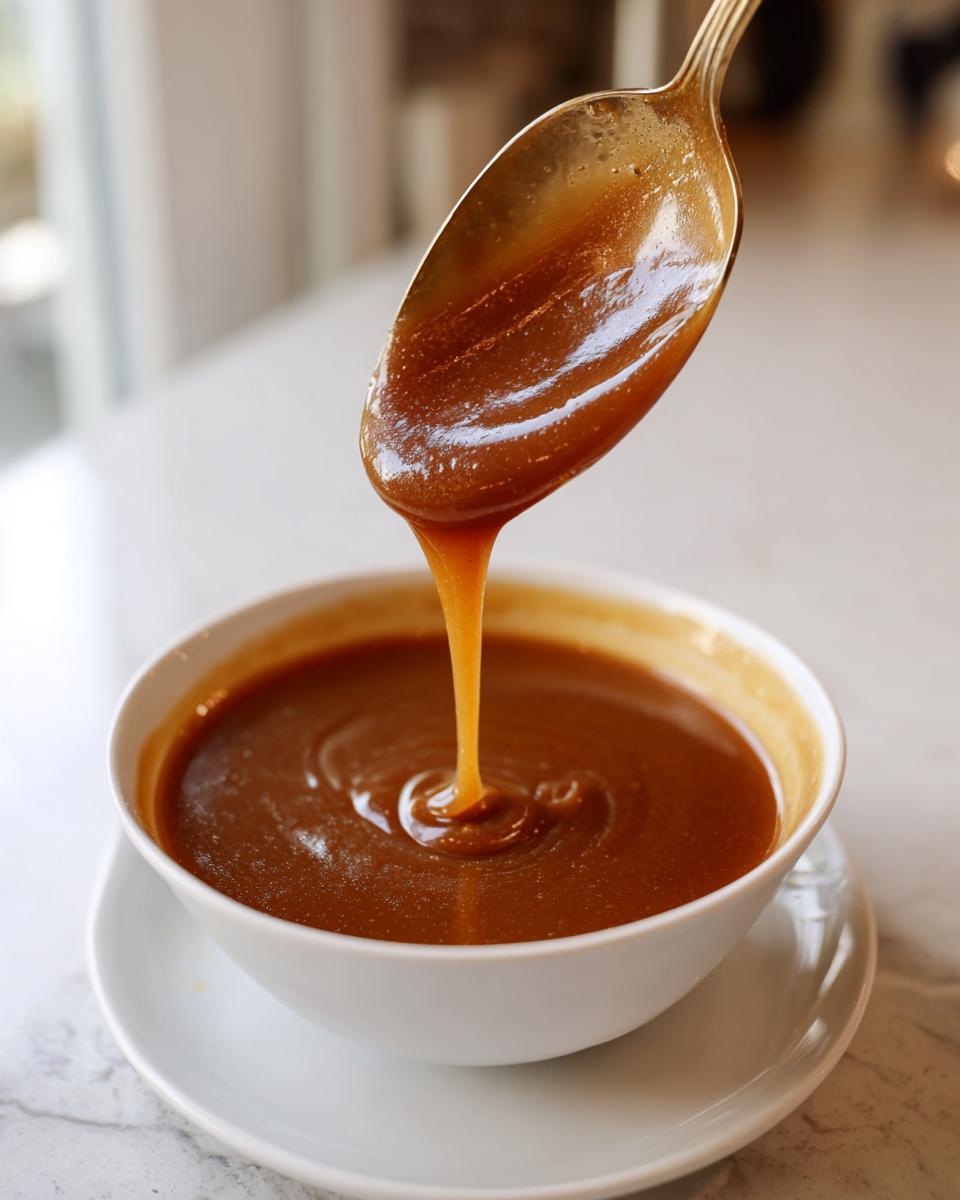 A golden spoon drips thick, rich brown sauce, likely turkey gravy, into a white bowl.