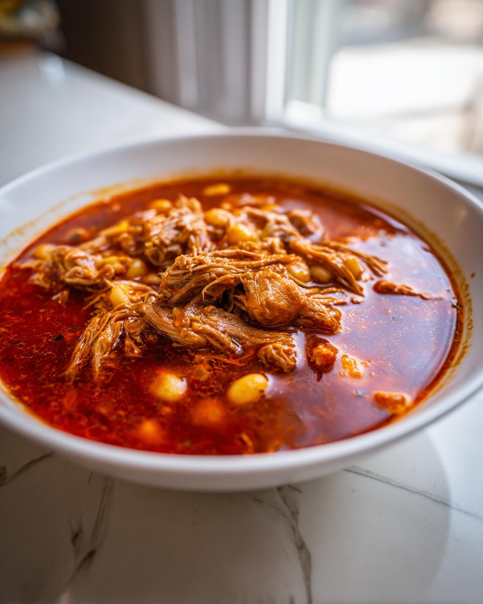 Close-up of a white bowl filled with rich, red Pozole rojo, featuring shredded pork and hominy kernels.