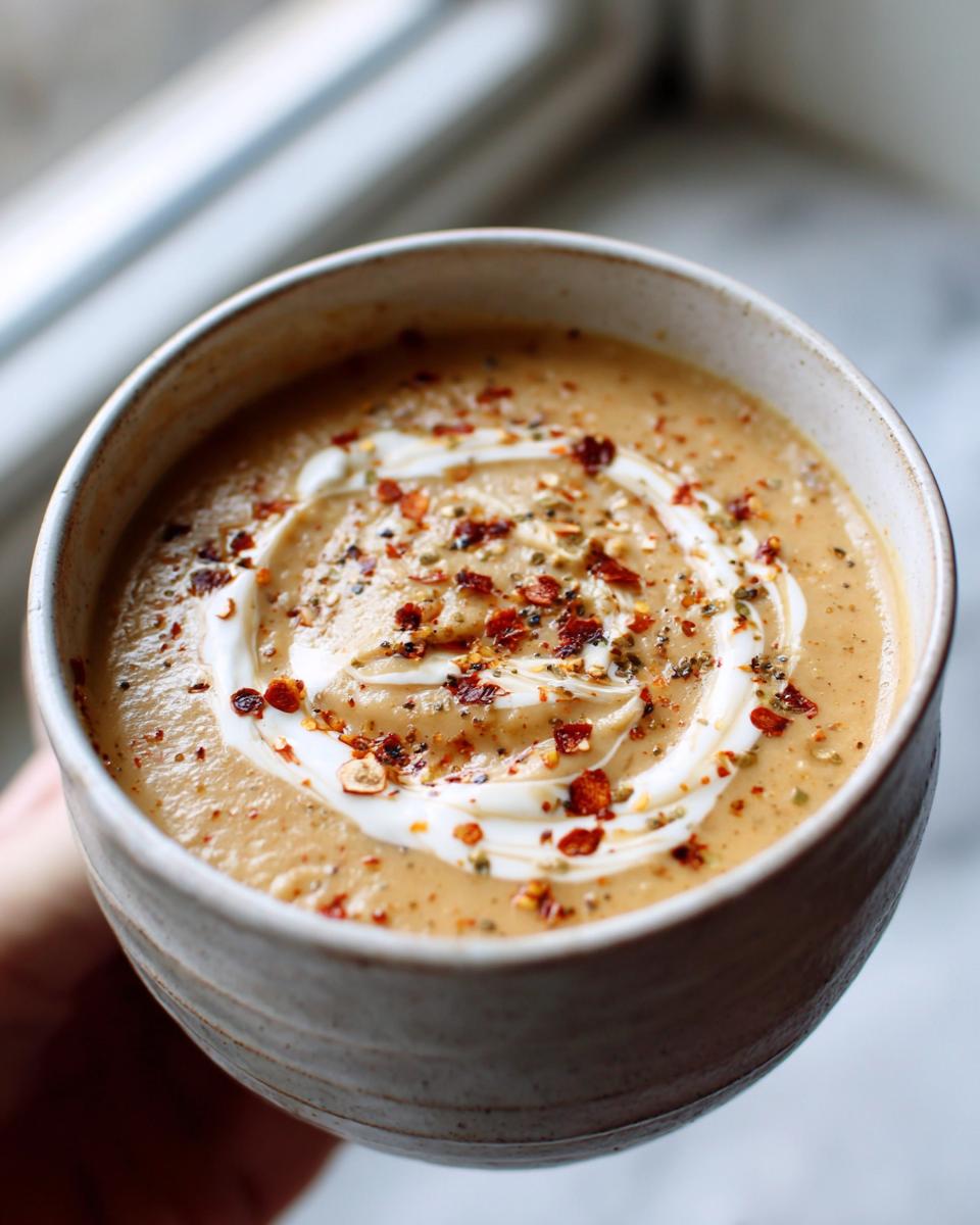 Close-up of a bowl of creamy roasted cauliflower soup, swirled with cream and topped with red pepper flakes.