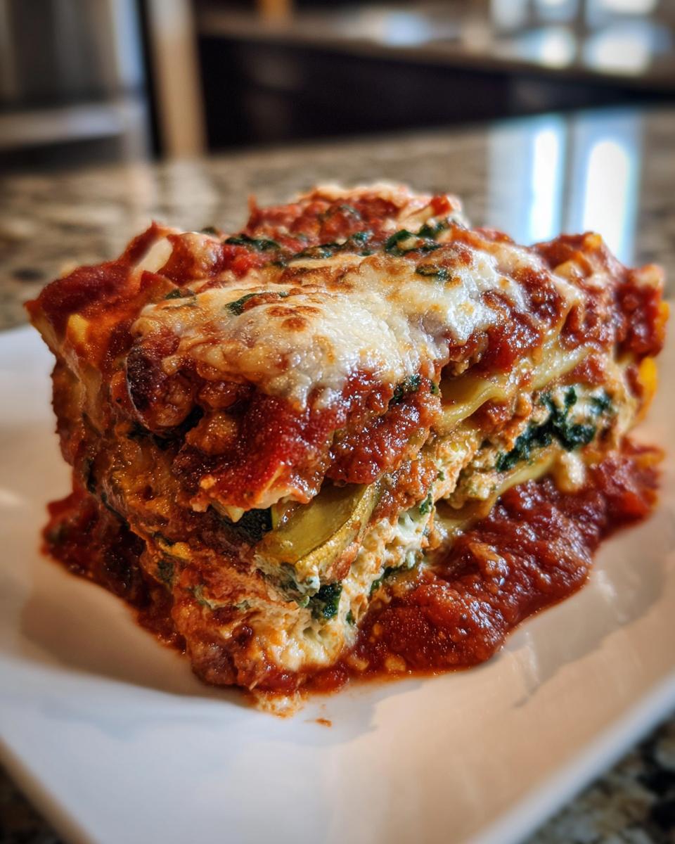 A close-up of a hearty slice of roasted vegetable lasagna covered in rich tomato sauce and melted mozzarella cheese.