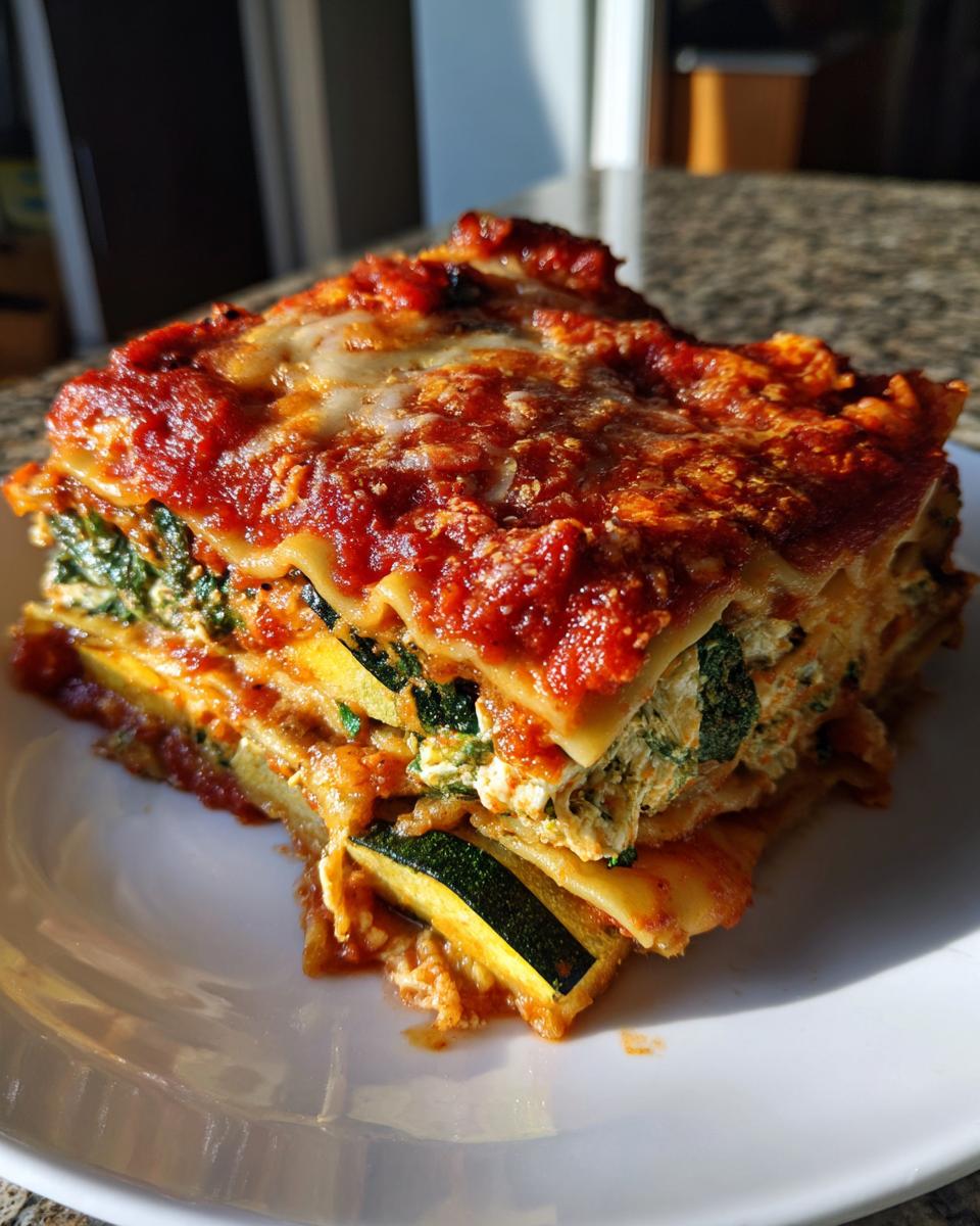 A thick slice of roasted vegetable lasagna showing layers of pasta, zucchini, spinach, and rich tomato sauce.