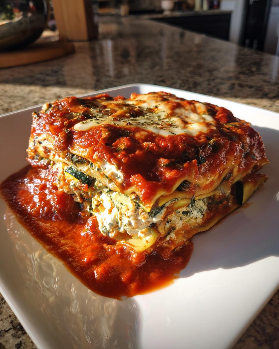 A generous slice of roasted vegetable lasagna layered with ricotta and zucchini, topped with melted cheese and marinara sauce.