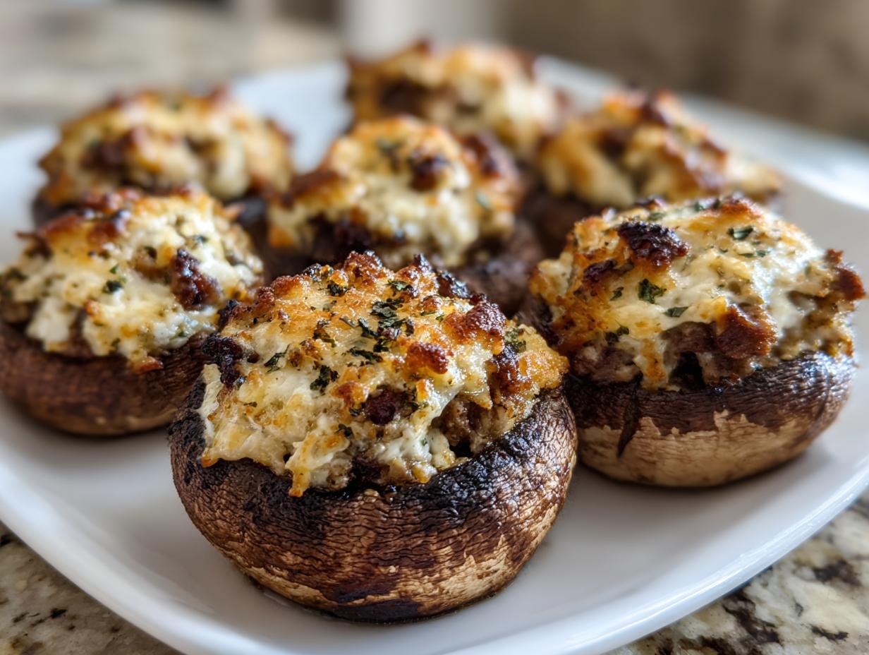 Close-up of several baked Sausage stuffed mushrooms on a white platter, featuring a browned, cheesy filling.