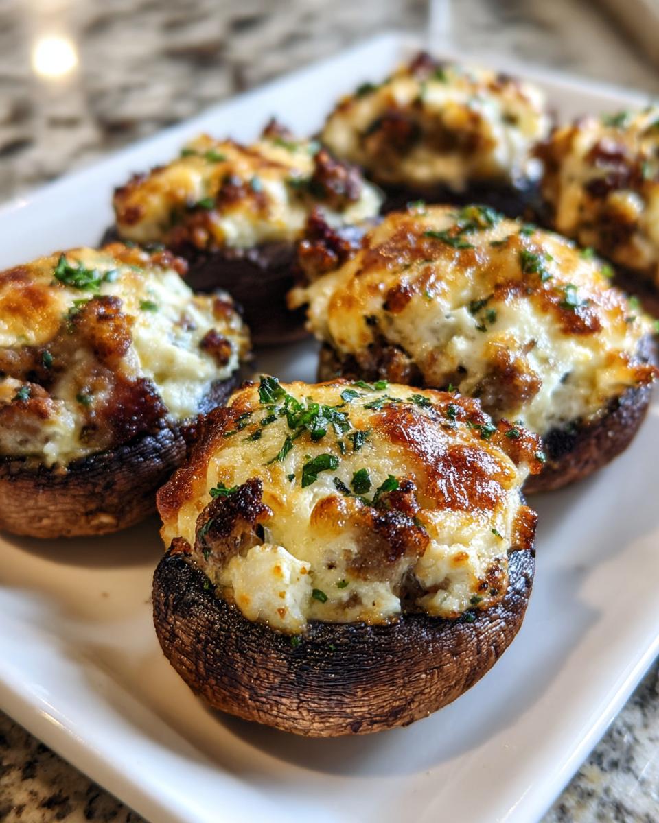 Close-up of baked Sausage stuffed mushrooms topped with melted, browned cheese and fresh parsley on a white platter.