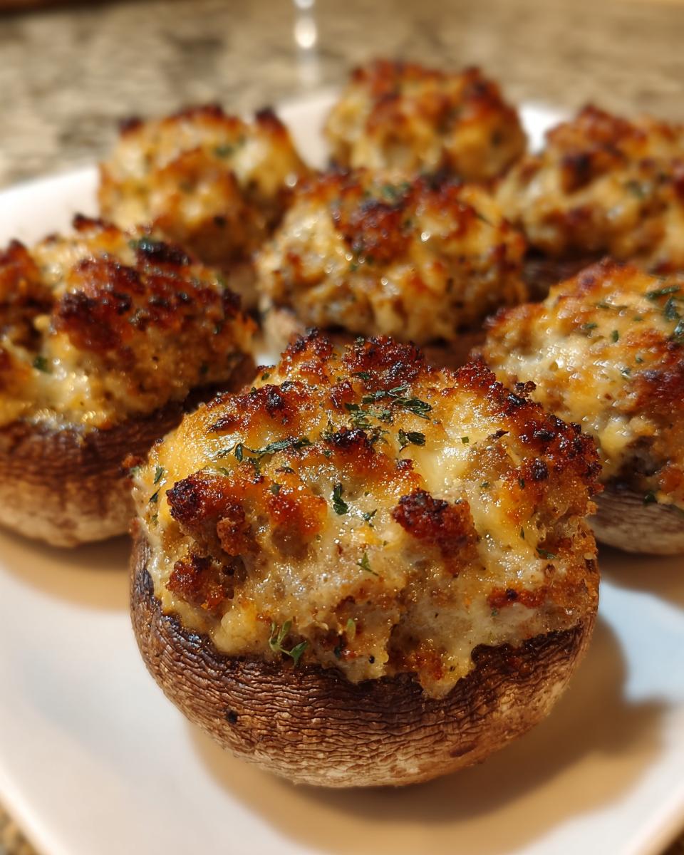 Close-up of several golden-brown Sausage stuffed mushrooms, generously topped with browned sausage filling and herbs.