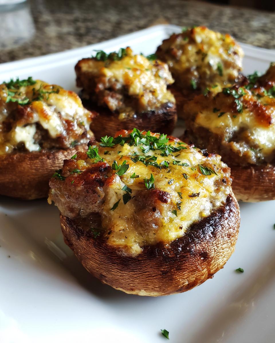 Close-up of baked sausage stuffed mushrooms topped with melted, browned cheese and fresh parsley.