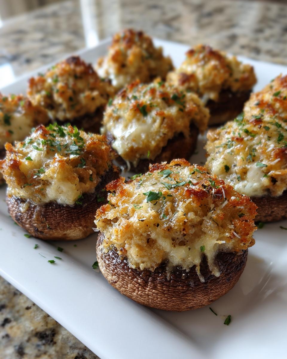 Close-up of golden brown Sausage stuffed mushrooms topped with melted cheese and parsley garnish.