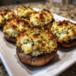 Close-up of baked sausage stuffed mushrooms with a cheesy, golden-brown topping and parsley garnish.