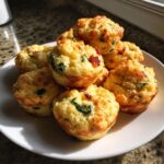 A stack of golden brown, fluffy egg bites containing bacon and spinach, served on a white plate.