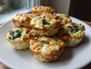 A stack of six golden-brown, savory egg bites with visible spinach and bacon pieces on a white plate.