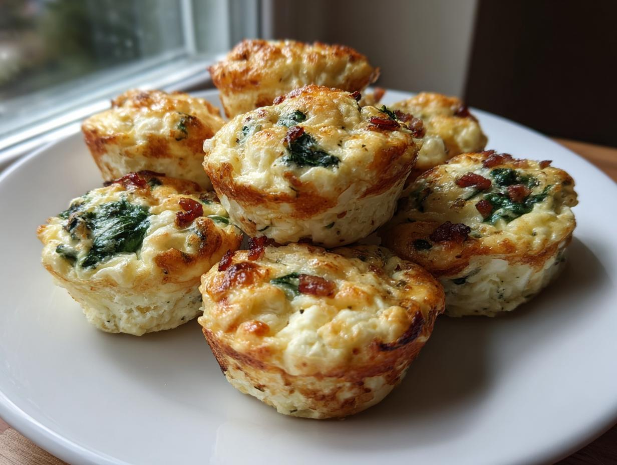 A stack of six golden-brown, savory egg bites with visible spinach and bacon pieces on a white plate.