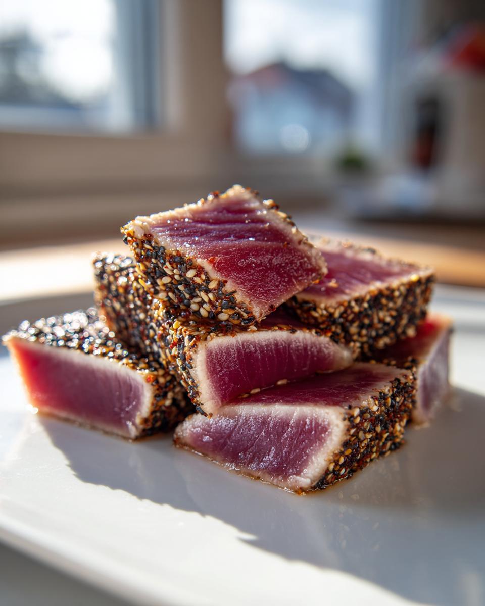 Close-up of perfectly seared ahi tuna, crusted with black and white sesame seeds, showing a rare, deep red center.