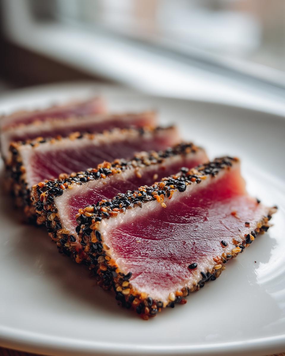 Four slices of perfectly cooked Seared Ahi Tuna, crusted with black and white sesame seeds, resting on a white plate.