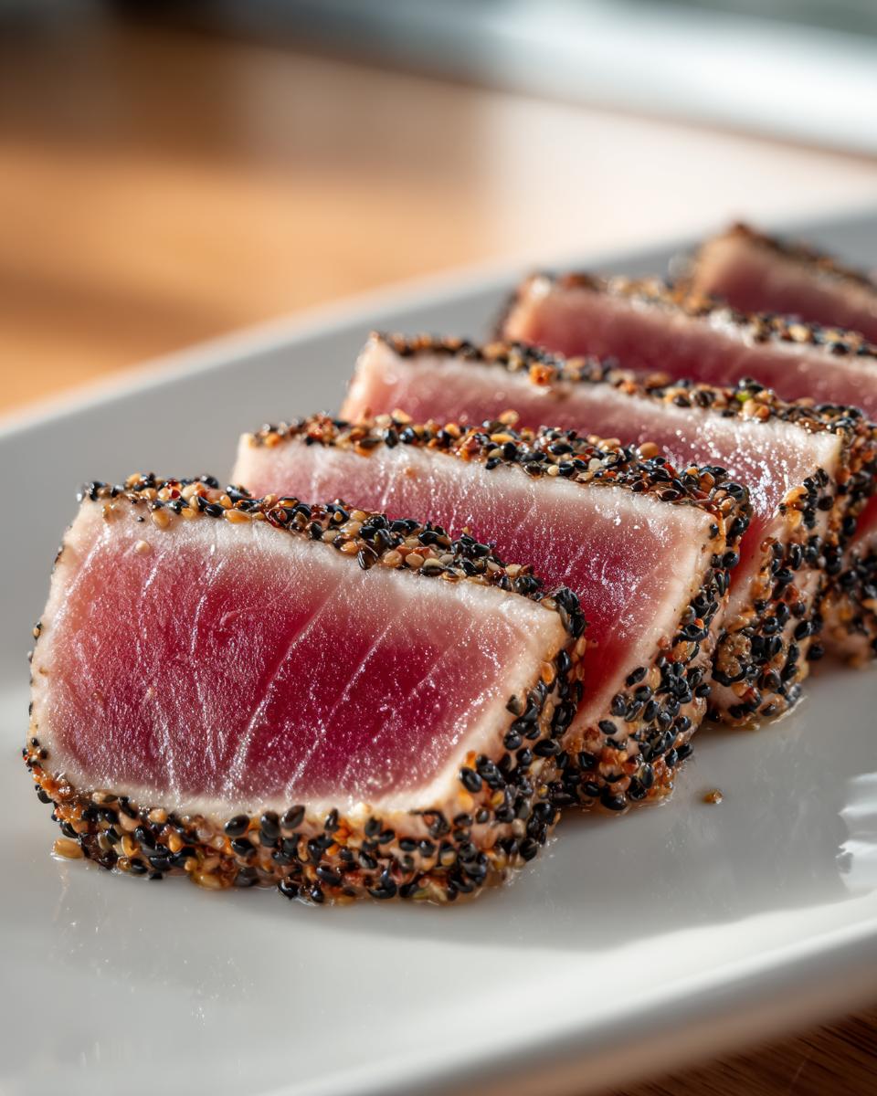 Close-up of perfectly cooked Seared Ahi Tuna, sliced to show the rare center and sesame seed crust.