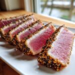 Slices of perfectly seared ahi tuna, crusted with sesame seeds, showing a rare pink center.