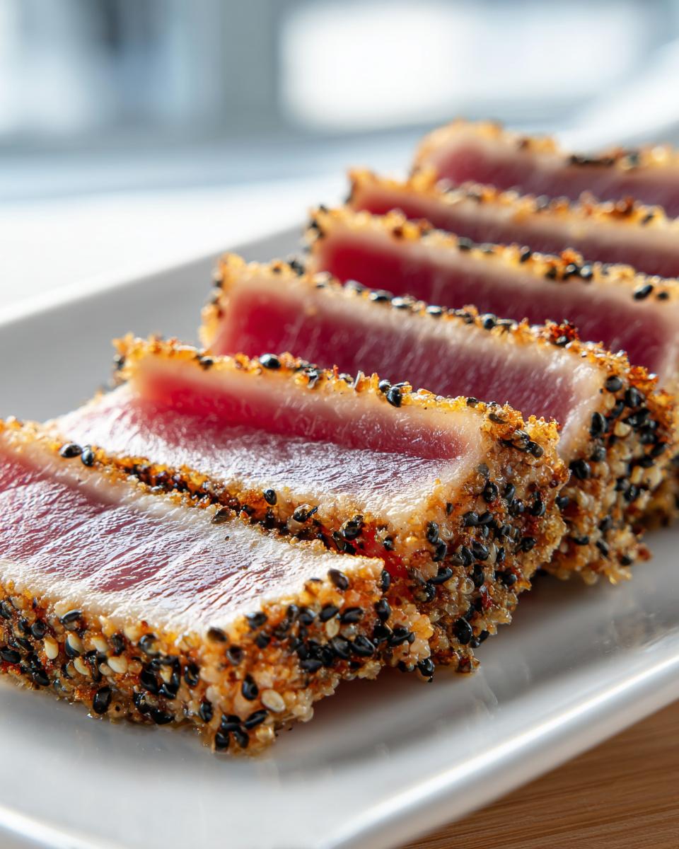 Close-up of perfectly sliced Seared Ahi Tuna, showing a rare pink center and a thick sesame seed crust.